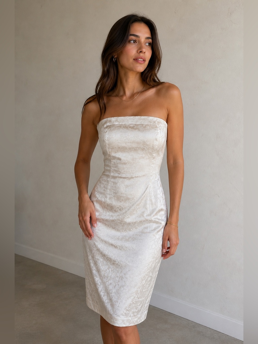 Express Strapless Ivory Jacquard Sheath Dress